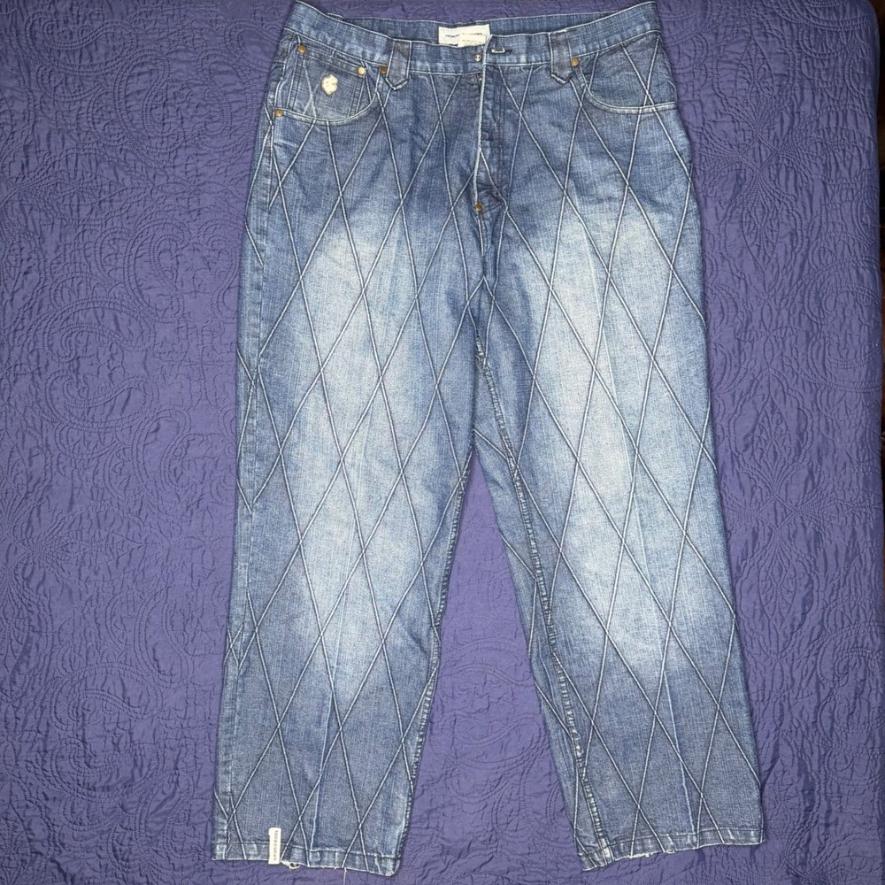 Vintage Rocawear Diamond Quilt Stitch Baggy Jeans Mens 40x32 Blue Y2K Rare Read